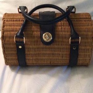 Brand new never used Mark & Graham wicker purse w/ navy handles/closure